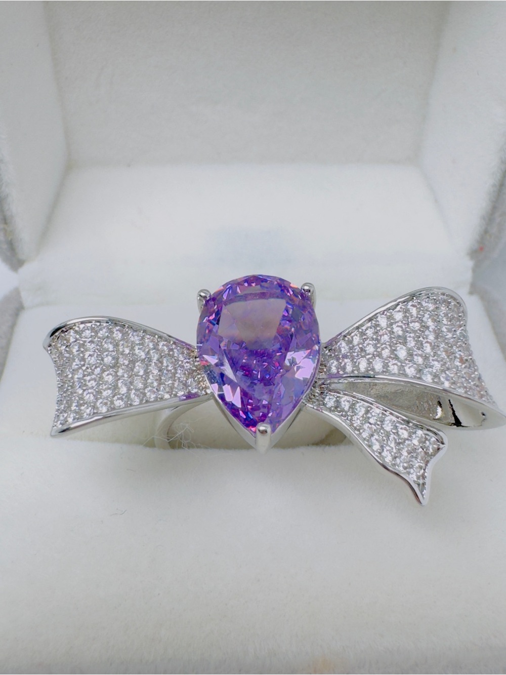 Bow Ring with Purple Teardrop Gem-- Adjustable Ring